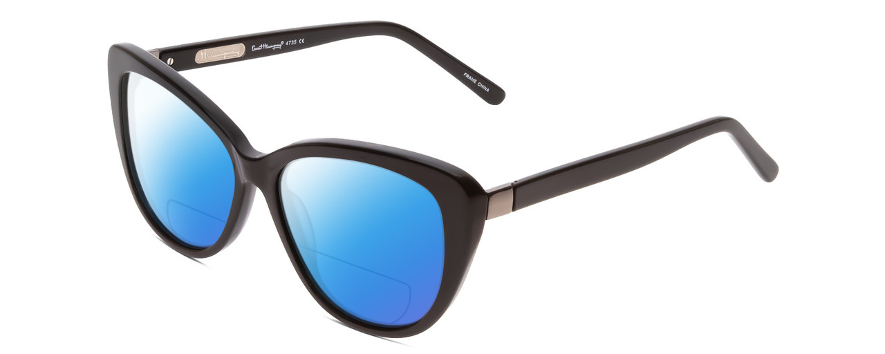 Profile View of Ernest Hemingway H4735 Designer Polarized Reading Sunglasses with Custom Cut Powered Blue Mirror Lenses in Gloss Black Ladies Cateye Full Rim Acetate 54 mm