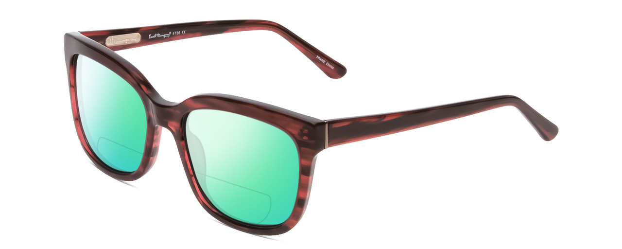 Profile View of Ernest Hemingway H4736 Designer Polarized Reading Sunglasses with Custom Cut Powered Green Mirror Lenses in Burgundy Red Plum Marbled Lines Unisex Cateye Full Rim Acetate 53 mm