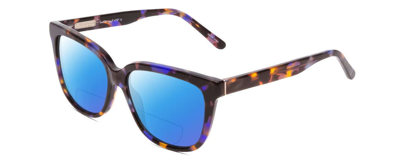 Profile View of Ernest Hemingway H4737 Designer Polarized Reading Sunglasses with Custom Cut Powered Blue Mirror Lenses in Gloss Blue Amber Brown Violet Tortoise Glitter Unisex Cateye Full Rim Acetate 55 mm