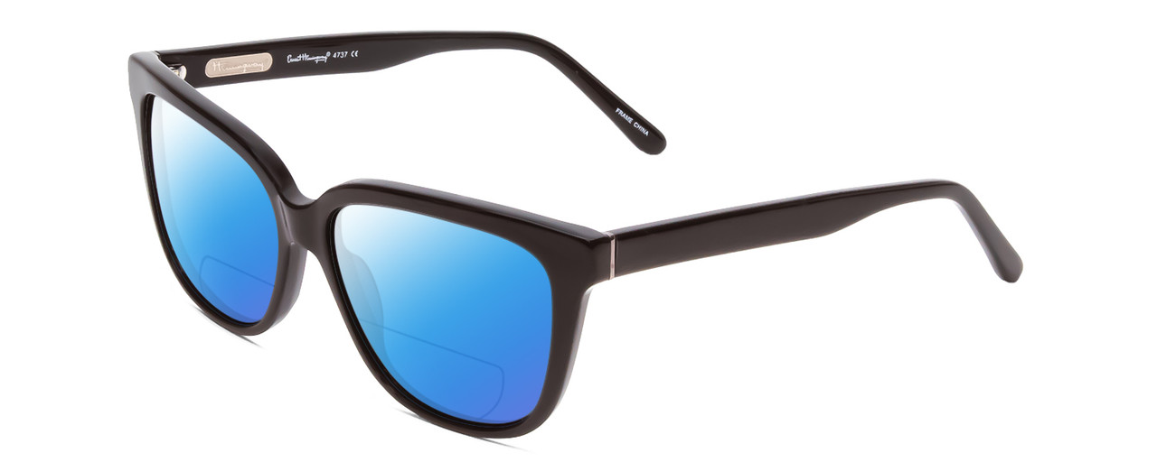 Profile View of Ernest Hemingway H4737 Designer Polarized Reading Sunglasses with Custom Cut Powered Blue Mirror Lenses in Gloss Black Unisex Cateye Full Rim Acetate 55 mm