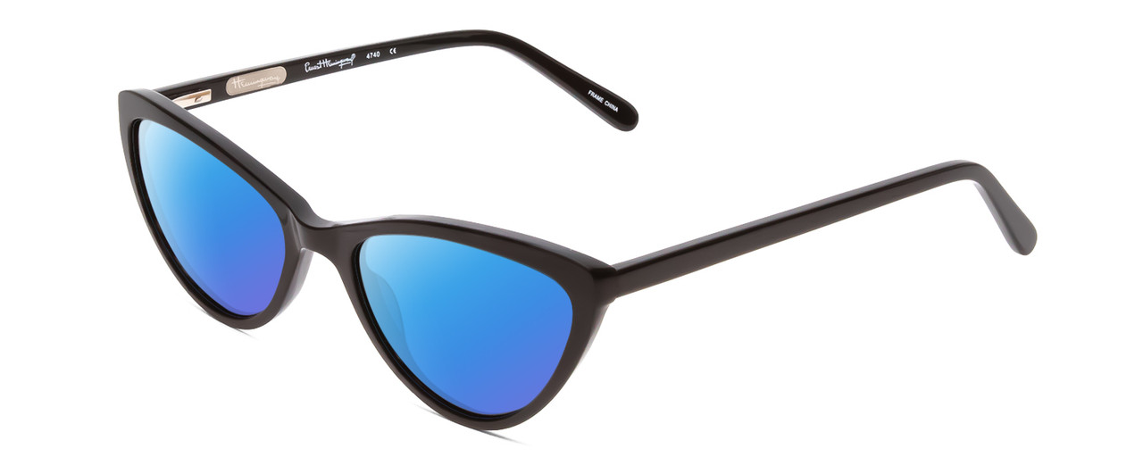 Profile View of Ernest Hemingway H4740 Designer Polarized Sunglasses with Custom Cut Blue Mirror Lenses in Gloss Black Ladies Cateye Full Rim Acetate 56 mm