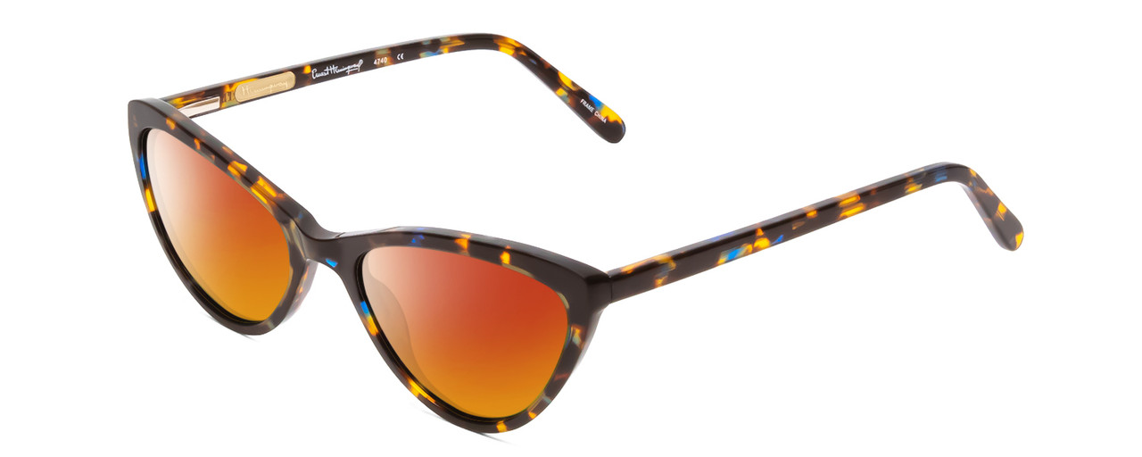 Profile View of Ernest Hemingway H4740 Designer Polarized Sunglasses with Custom Cut Red Mirror Lenses in Gloss Blue Yellow Brown Tortoise Havana Ladies Cateye Full Rim Acetate 56 mm