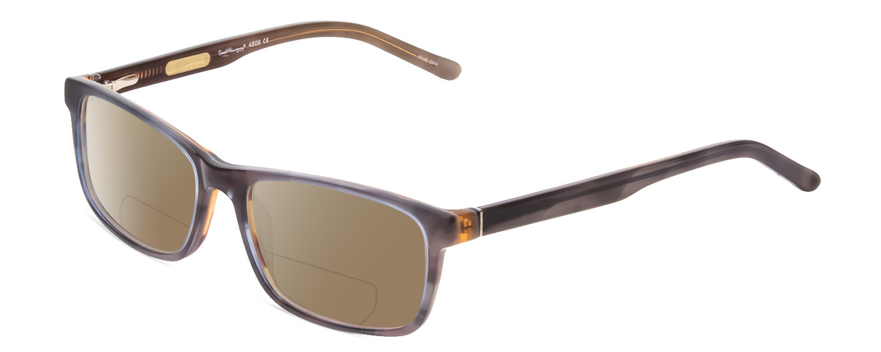 Profile View of Ernest Hemingway H4806 Designer Polarized Reading Sunglasses with Custom Cut Powered Amber Brown Lenses in Grey Blue/Auburn Brown Layered Mist Unisex Rectangle Full Rim Acetate 56 mm