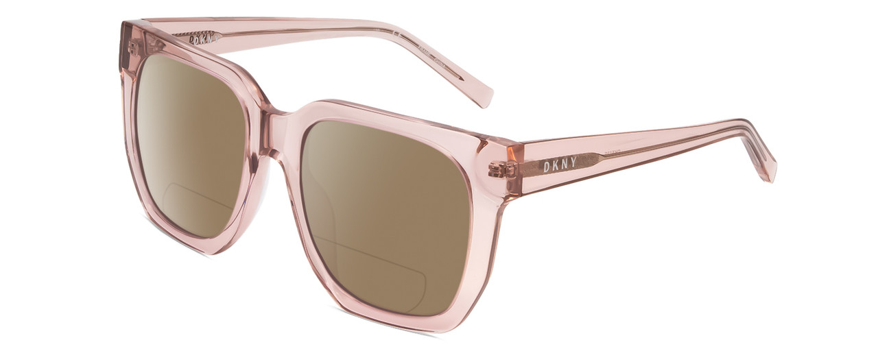 Profile View of DKNY DK513S Designer Polarized Reading Sunglasses with Custom Cut Powered Amber Brown Lenses in Crystal Blush Pink Ladies Oversized Full Rim Acetate 53 mm