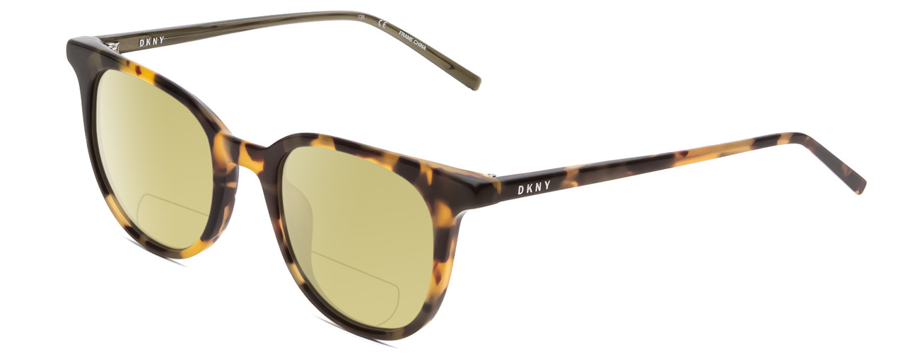 Profile View of DKNY DK507S Designer Polarized Reading Sunglasses with Custom Cut Powered Sun Flower Yellow Lenses in Tokyo Beige Tortoise Ladies Cateye Full Rim Acetate 49 mm