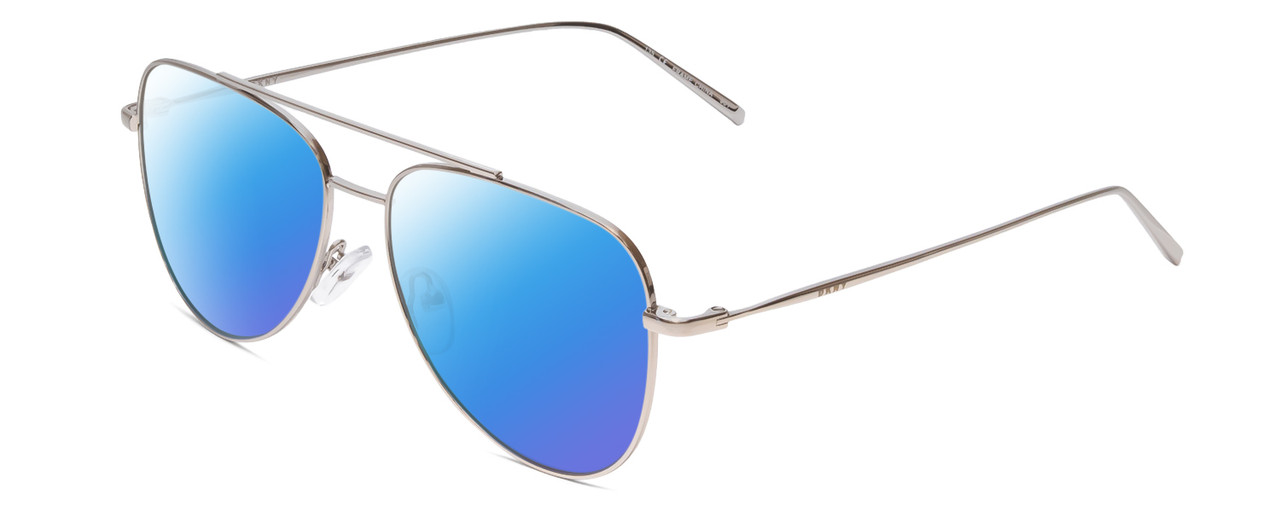 Profile View of DKNY DK1004 Designer Polarized Sunglasses with Custom Cut Blue Mirror Lenses in Silver Ladies Aviator Full Rim Metal 54 mm