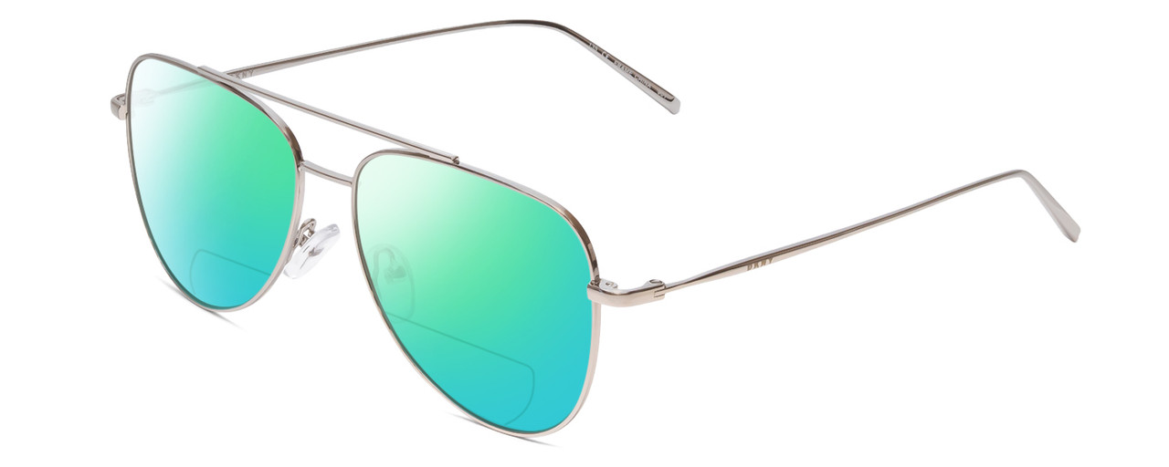 Profile View of DKNY DK1004 Designer Polarized Reading Sunglasses with Custom Cut Powered Green Mirror Lenses in Silver Ladies Pilot Full Rim Metal 54 mm