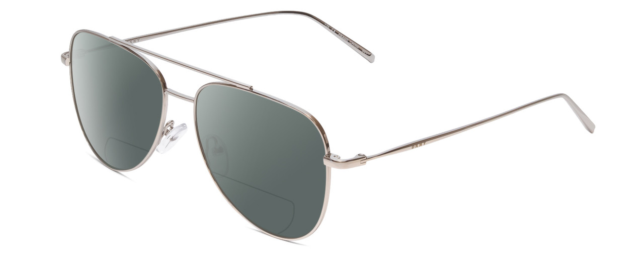 Profile View of DKNY DK1004 Designer Polarized Reading Sunglasses with Custom Cut Powered Smoke Grey Lenses in Silver Ladies Pilot Full Rim Metal 54 mm