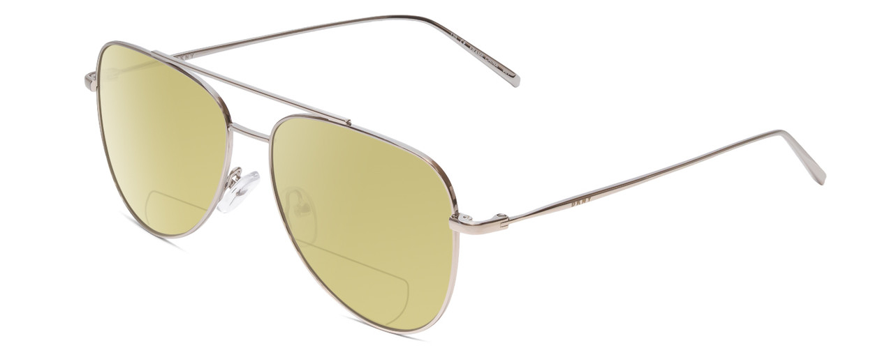 Profile View of DKNY DK1004 Designer Polarized Reading Sunglasses with Custom Cut Powered Sun Flower Yellow Lenses in Silver Ladies Pilot Full Rim Metal 54 mm