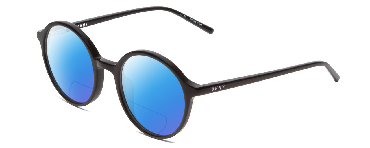 Profile View of DKNY DK5026 Designer Polarized Reading Sunglasses with Custom Cut Powered Blue Mirror Lenses in Gloss Black Ladies Round Full Rim Acetate 48 mm