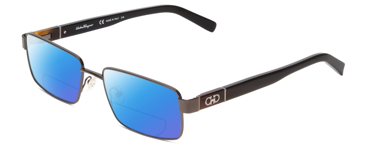 Profile View of Ferragamo SF2152 Designer Polarized Reading Sunglasses with Custom Cut Powered Blue Mirror Lenses in Shiny Dark Gun Black Unisex Rectangle Full Rim Metal 57 mm