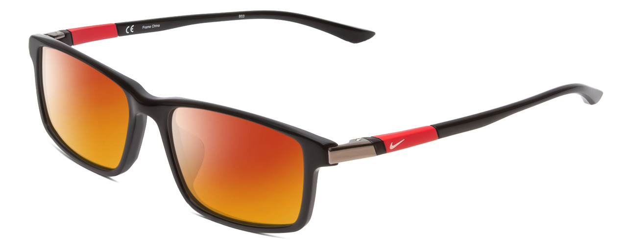 Profile View of Nike 7924AF Designer Polarized Sunglasses with Custom Cut Red Mirror Lenses in Black Red  Unisex Rectangle Full Rim Metal 54 mm