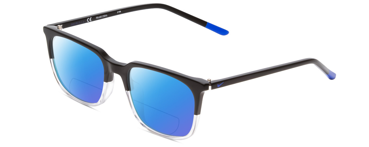 Profile View of Nike 7250 Designer Polarized Reading Sunglasses with Custom Cut Powered Blue Mirror Lenses in Black & Clear Crystal Blue Unisex Rectangle Full Rim Acetate 54 mm