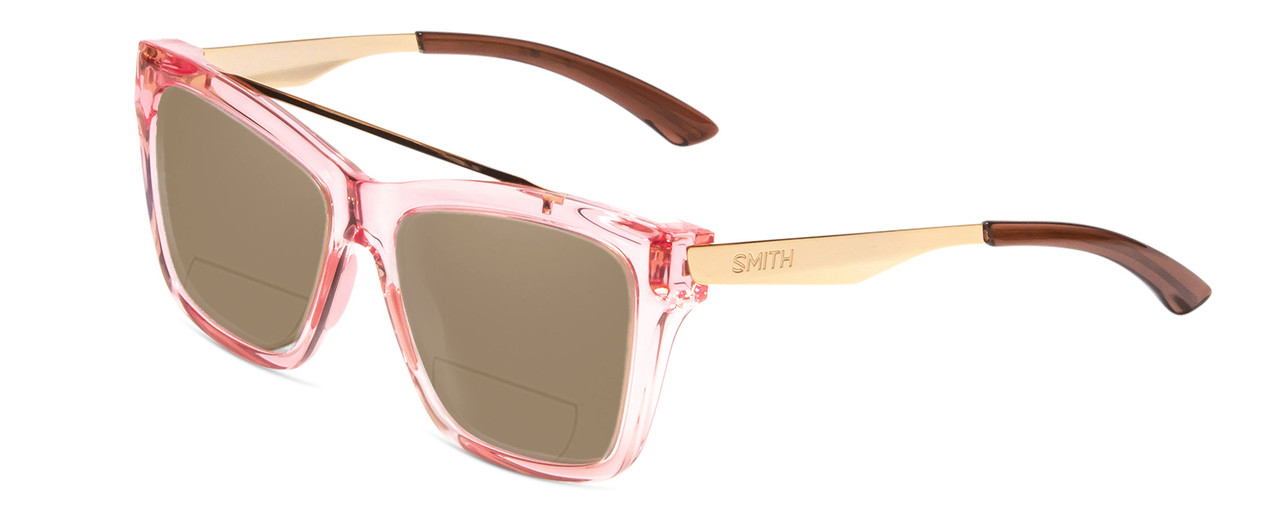 Profile View of Smith Optics Runaround Designer Polarized Reading Sunglasses with Custom Cut Powered Amber Brown Lenses in Pink Crystal Gold Ladies Cateye Full Rim Acetate 55 mm