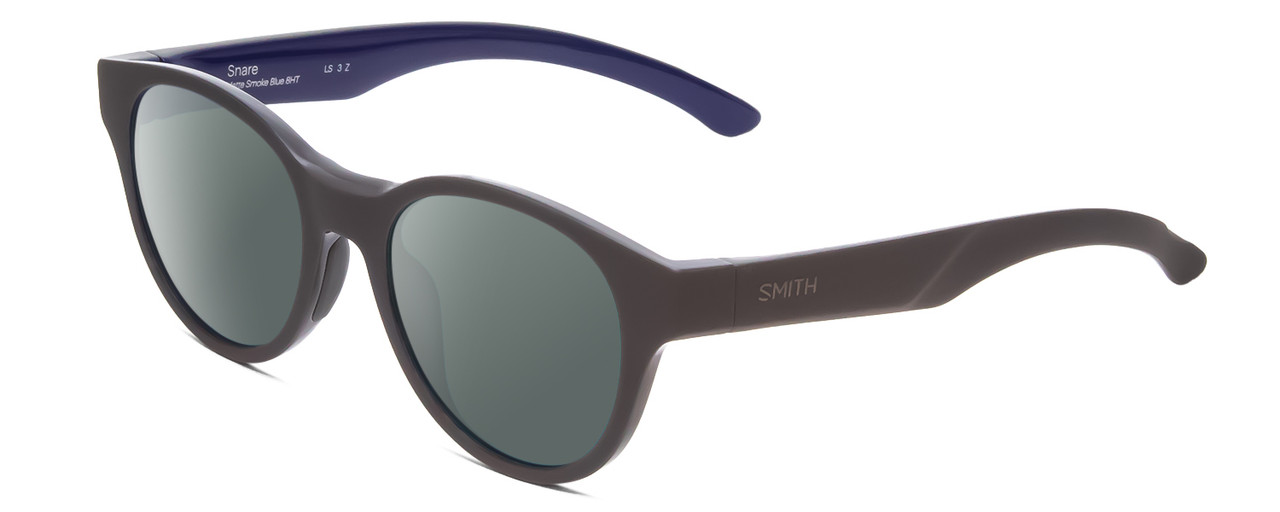 Profile View of Smith Optics Snare Designer Polarized Sunglasses with Custom Cut Smoke Grey Lenses in Matte Smoke Grey Blue Unisex Round Full Rim Acetate 51 mm