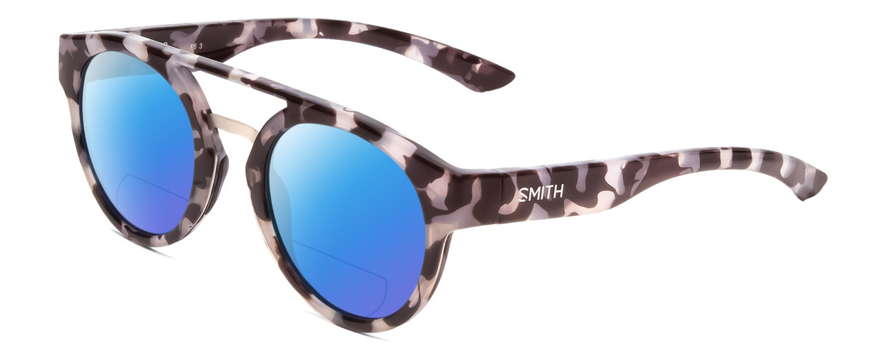 Profile View of Smith Optics Range Designer Polarized Reading Sunglasses with Custom Cut Powered Blue Mirror Lenses in Grey Chocolate Tortoise Havana Ladies Round Full Rim Acetate 50 mm