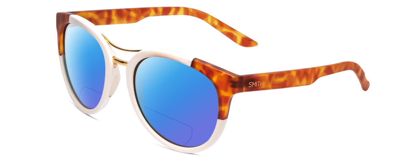 Profile View of Smith Optics Bridgetown Designer Polarized Reading Sunglasses with Custom Cut Powered Blue Mirror Lenses in White Havana Tortoise Gold Ladies Round Full Rim Acetate 54 mm