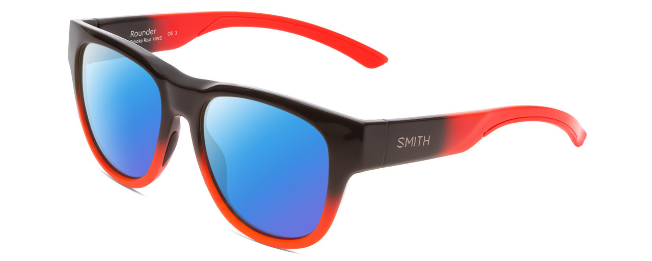 Profile View of Smith Optics Rounder Designer Polarized Sunglasses with Custom Cut Blue Mirror Lenses in Dark Grey Carbon Black Red Unisex Round Full Rim Acetate 51 mm