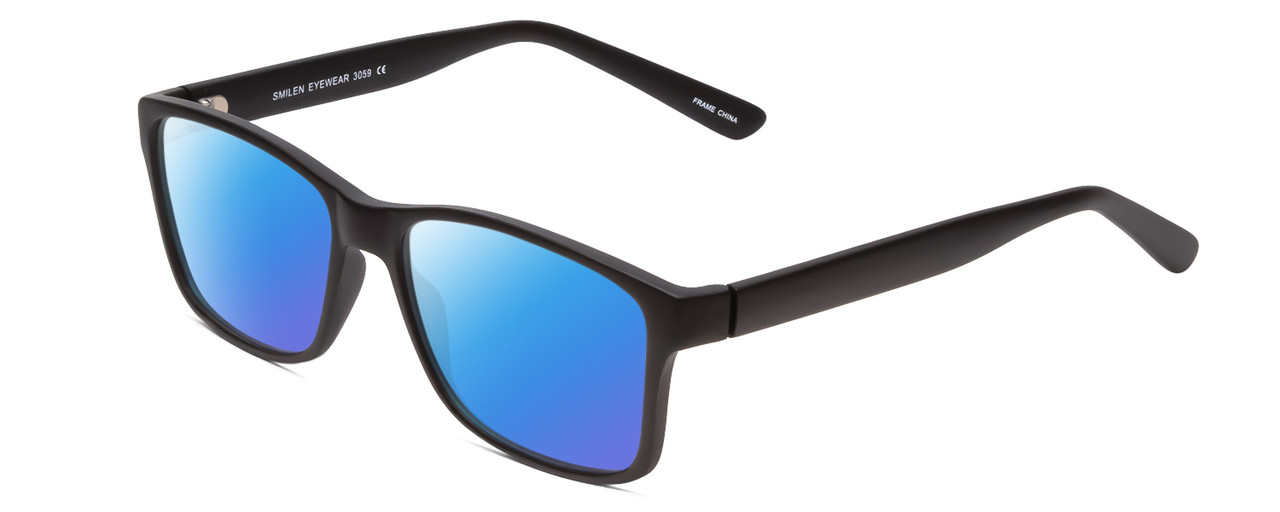 Profile View of 2000&Beyond 3059 Designer Polarized Sunglasses with Custom Cut Blue Mirror Lenses in Matte Black Mens Classic Full Rim Acetate 55 mm