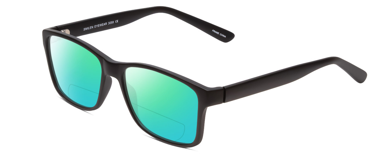 Profile View of 2000&Beyond 3059 Designer Polarized Reading Sunglasses with Custom Cut Powered Green Mirror Lenses in Matte Black Mens Classic Full Rim Acetate 55 mm