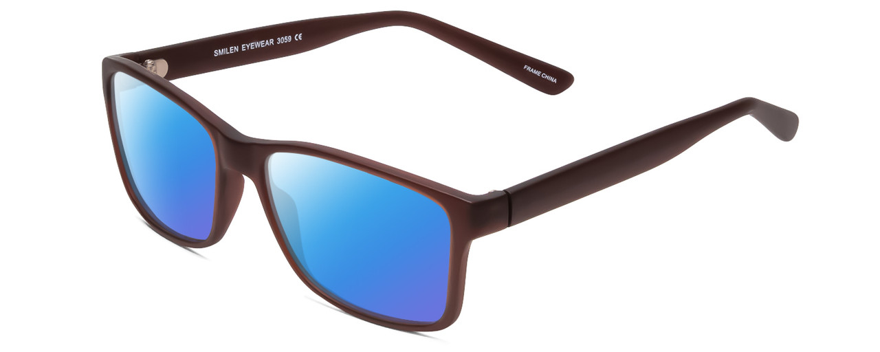 Profile View of 2000&Beyond 3059 Designer Polarized Sunglasses with Custom Cut Blue Mirror Lenses in Matte Brown Mens Classic Full Rim Acetate 55 mm