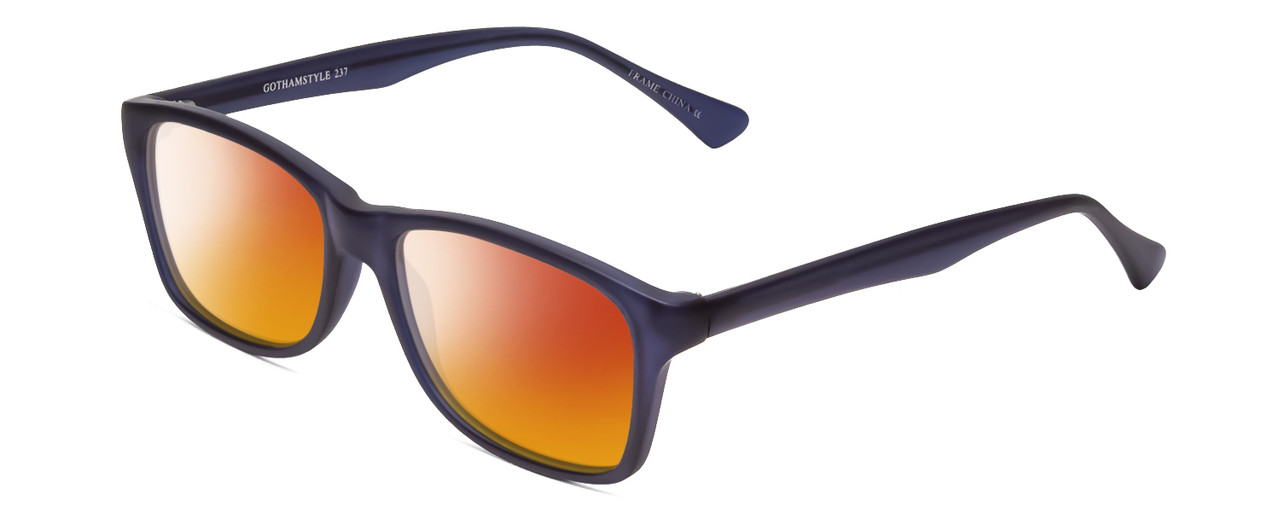 Profile View of Gotham Style 237 Designer Polarized Sunglasses with Custom Cut Red Mirror Lenses in Matte Blue Unisex Classic Full Rim Acetate 55 mm