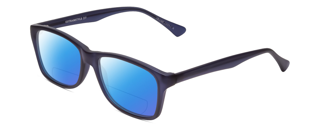 Profile View of Gotham Style 237 Designer Polarized Reading Sunglasses with Custom Cut Powered Blue Mirror Lenses in Matte Blue Unisex Classic Full Rim Acetate 55 mm