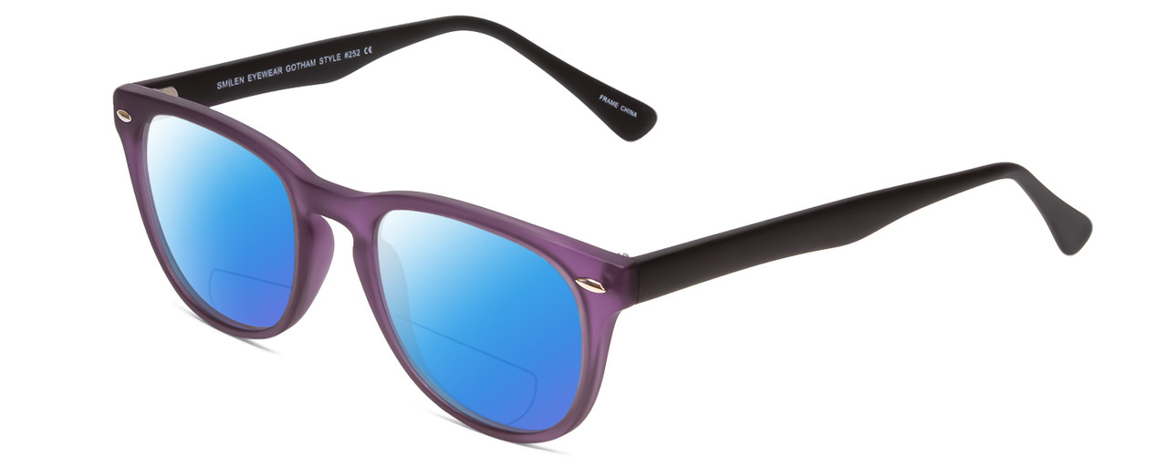 Profile View of Gotham Style 252 Designer Polarized Reading Sunglasses with Custom Cut Powered Blue Mirror Lenses in Matte Purple Unisex Round Full Rim Acetate 52 mm