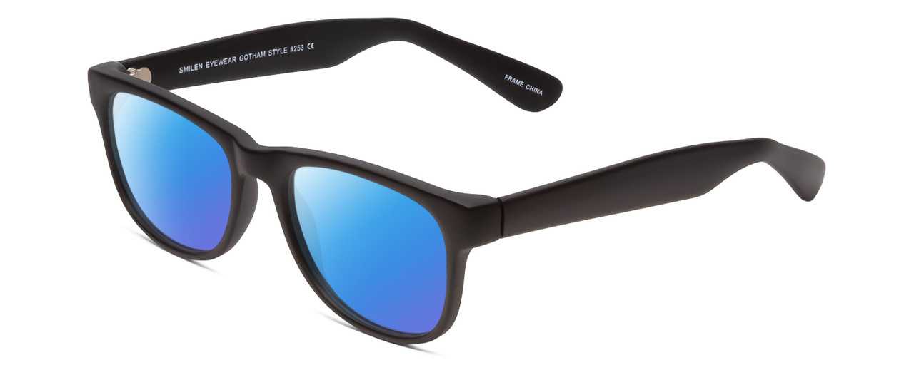 Profile View of Gotham Style 253 Designer Polarized Sunglasses with Custom Cut Blue Mirror Lenses in Matte Black Unisex Classic Full Rim Acetate 52 mm