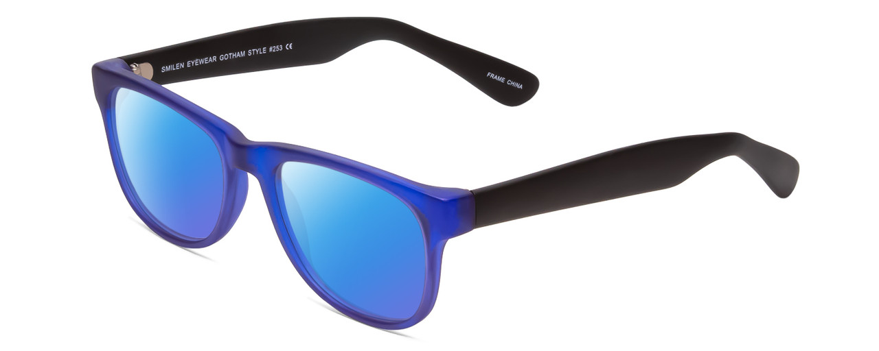 Profile View of Gotham Style 253 Designer Polarized Sunglasses with Custom Cut Blue Mirror Lenses in Matte Blue Unisex Classic Full Rim Acetate 52 mm