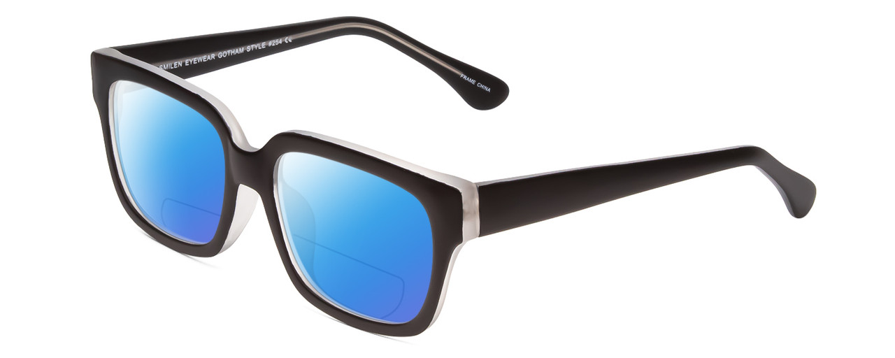Profile View of Gotham Style 254 Designer Polarized Reading Sunglasses with Custom Cut Powered Blue Mirror Lenses in Matte Black Crystal Mens Square Full Rim Acetate 54 mm