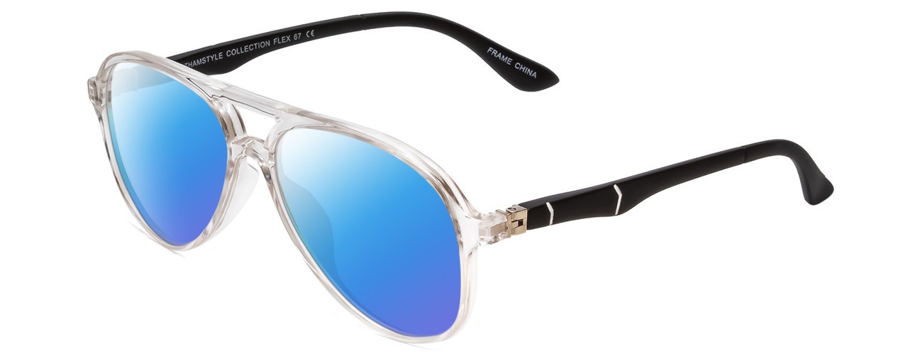 Profile View of Gotham Style Flex Collection 67 Designer Polarized Sunglasses with Custom Cut Blue Mirror Lenses in Crystal&Matte Black Mens Aviator Full Rim Acetate 65 mm