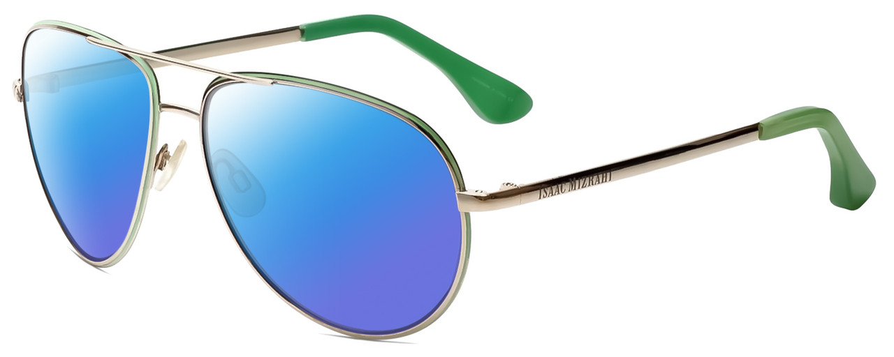 Profile View of Isaac Mizrahi IM36-86 Designer Polarized Sunglasses with Custom Cut Blue Mirror Lenses in Gold Mint Green Unisex Pilot Full Rim Acetate 59 mm