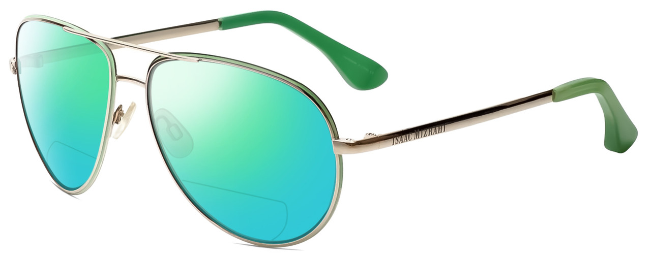 Profile View of Isaac Mizrahi IM36-86 Designer Polarized Reading Sunglasses with Custom Cut Powered Green Mirror Lenses in Gold Mint Green Unisex Aviator Full Rim Acetate 59 mm