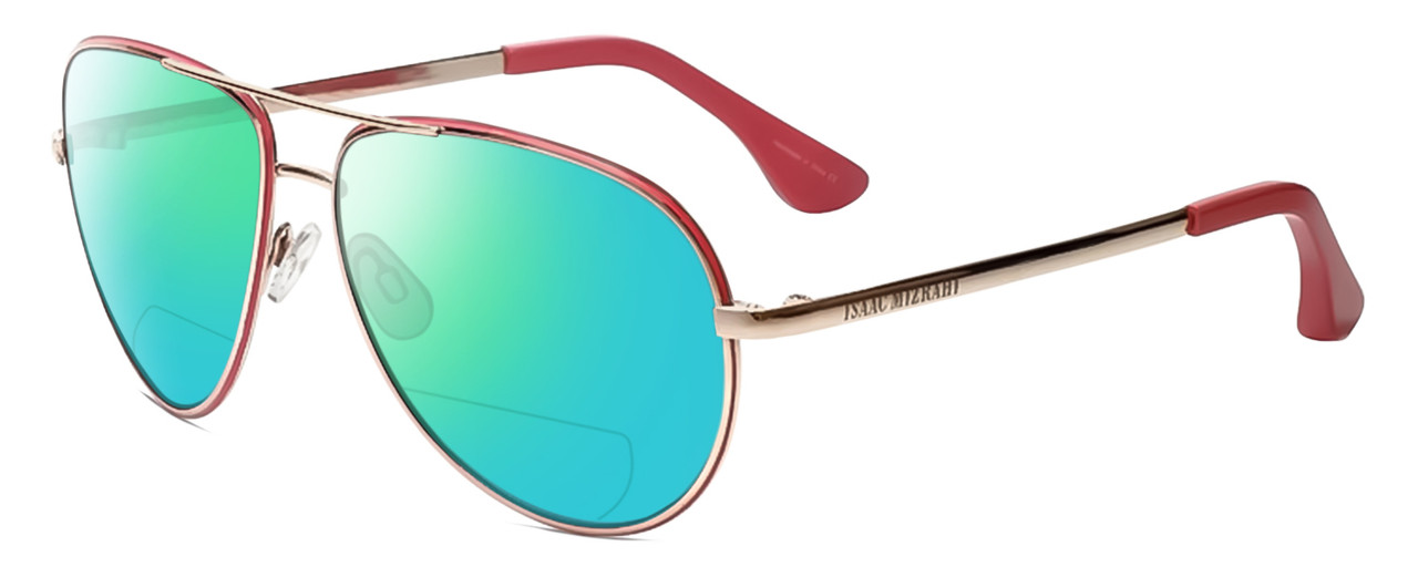 Profile View of Isaac Mizrahi IM36-71 Designer Polarized Reading Sunglasses with Custom Cut Powered Green Mirror Lenses in Pink Gold Unisex Pilot Full Rim Acetate 59 mm