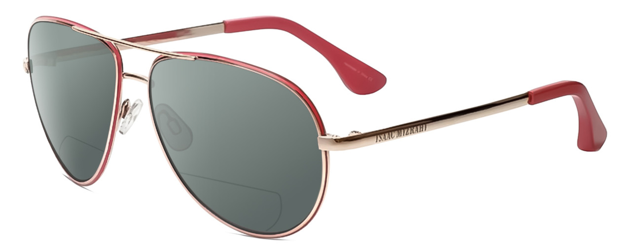 Profile View of Isaac Mizrahi IM36-71 Designer Polarized Reading Sunglasses with Custom Cut Powered Smoke Grey Lenses in Pink Gold Unisex Pilot Full Rim Acetate 59 mm