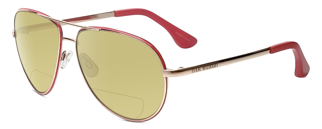 Profile View of Isaac Mizrahi IM36-71 Designer Polarized Reading Sunglasses with Custom Cut Powered Sun Flower Yellow Lenses in Pink Gold Unisex Pilot Full Rim Acetate 59 mm