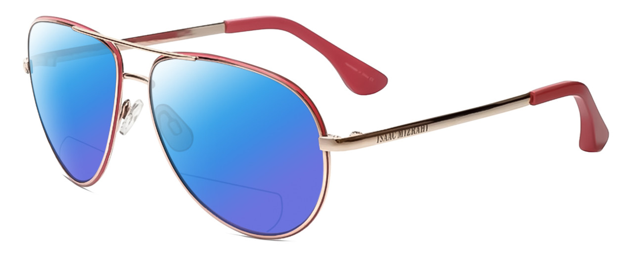 Profile View of Isaac Mizrahi IM36-71 Designer Polarized Reading Sunglasses with Custom Cut Powered Blue Mirror Lenses in Pink Gold Unisex Pilot Full Rim Acetate 59 mm