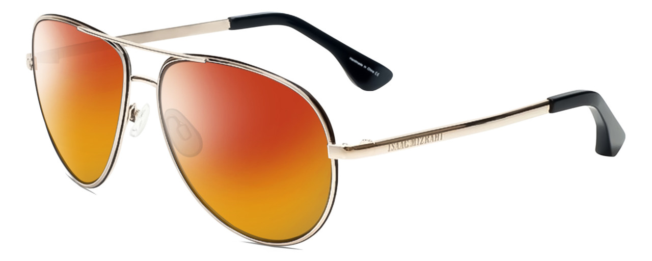 Profile View of Isaac Mizrahi IM36-10 Designer Polarized Sunglasses with Custom Cut Red Mirror Lenses in Black Gold Unisex Pilot Full Rim Metal 59 mm