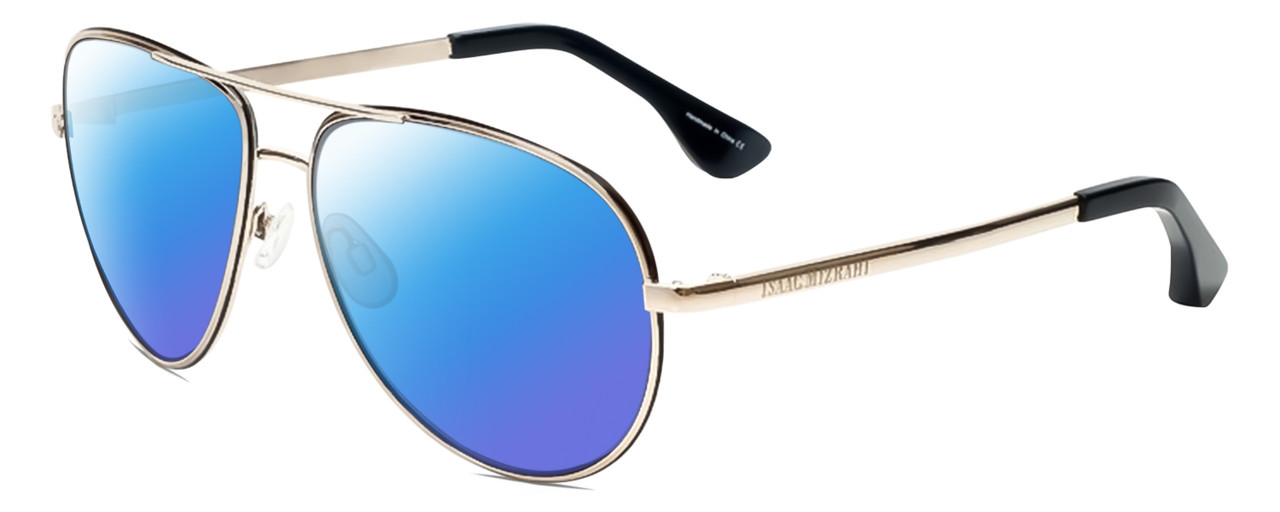 Profile View of Isaac Mizrahi IM36-10 Designer Polarized Sunglasses with Custom Cut Blue Mirror Lenses in Black Gold Unisex Pilot Full Rim Metal 59 mm