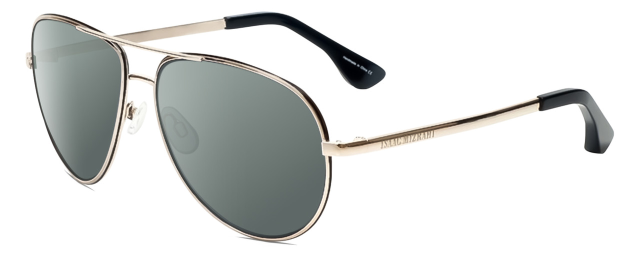 Profile View of Isaac Mizrahi IM36-10 Designer Polarized Sunglasses with Custom Cut Smoke Grey Lenses in Black Gold Unisex Pilot Full Rim Metal 59 mm