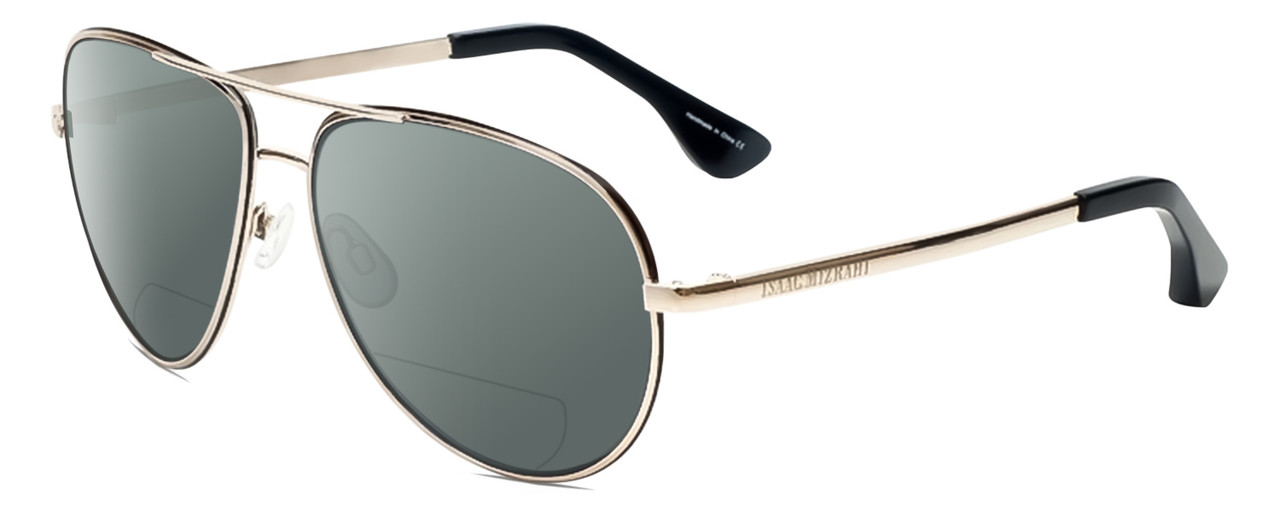 Profile View of Isaac Mizrahi IM36-10 Designer Polarized Reading Sunglasses with Custom Cut Powered Smoke Grey Lenses in Black Gold Unisex Pilot Full Rim Metal 59 mm