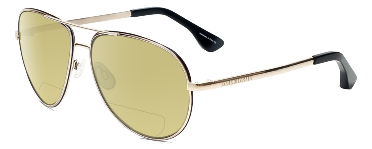 Profile View of Isaac Mizrahi IM36-10 Designer Polarized Reading Sunglasses with Custom Cut Powered Sun Flower Yellow Lenses in Black Gold Unisex Pilot Full Rim Metal 59 mm