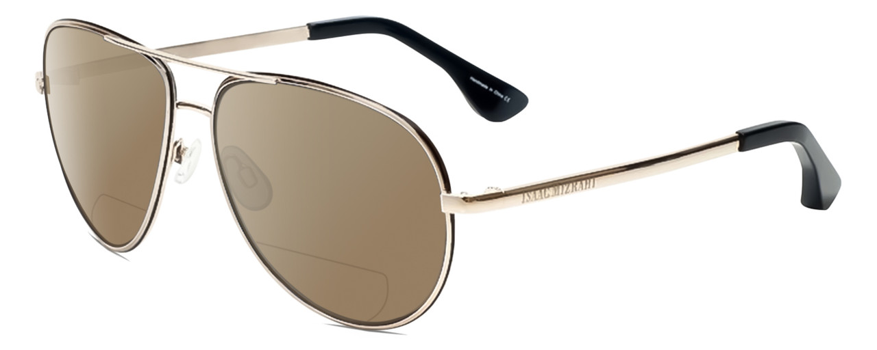Profile View of Isaac Mizrahi IM36-10 Designer Polarized Reading Sunglasses with Custom Cut Powered Amber Brown Lenses in Black Gold Unisex Pilot Full Rim Metal 59 mm