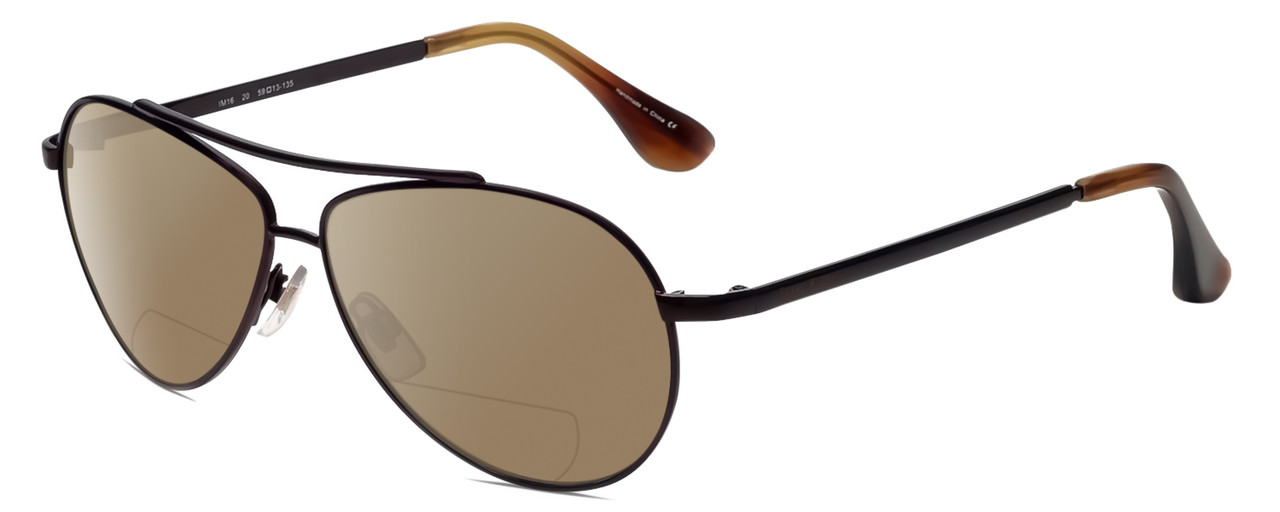 Profile View of Isaac Mizrahi IM16-20 Designer Polarized Reading Sunglasses with Custom Cut Powered Amber Brown Lenses in Bronze Copper Brown Unisex Pilot Full Rim Metal 59 mm