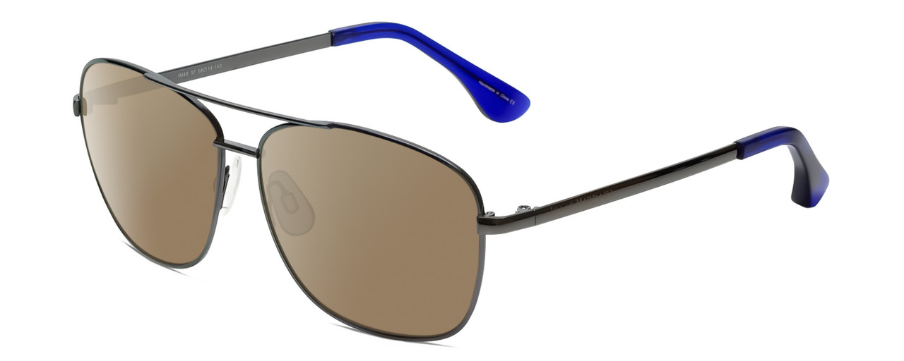 Profile View of Isaac Mizrahi IM49-37 Designer Polarized Sunglasses with Custom Cut Amber Brown Lenses in Gun Metal Grey Blue Violet Unisex Pilot Full Rim Metal 58 mm
