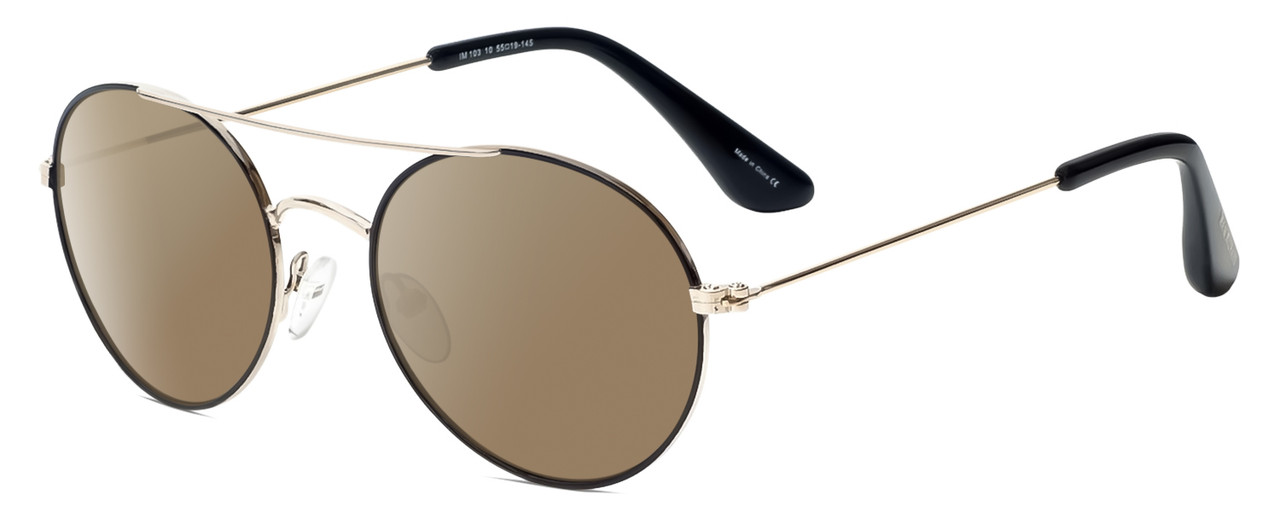 Profile View of Isaac Mizrahi IM103-10 Designer Polarized Sunglasses with Custom Cut Amber Brown Lenses in Black Gold Unisex Pilot Full Rim Metal 55 mm