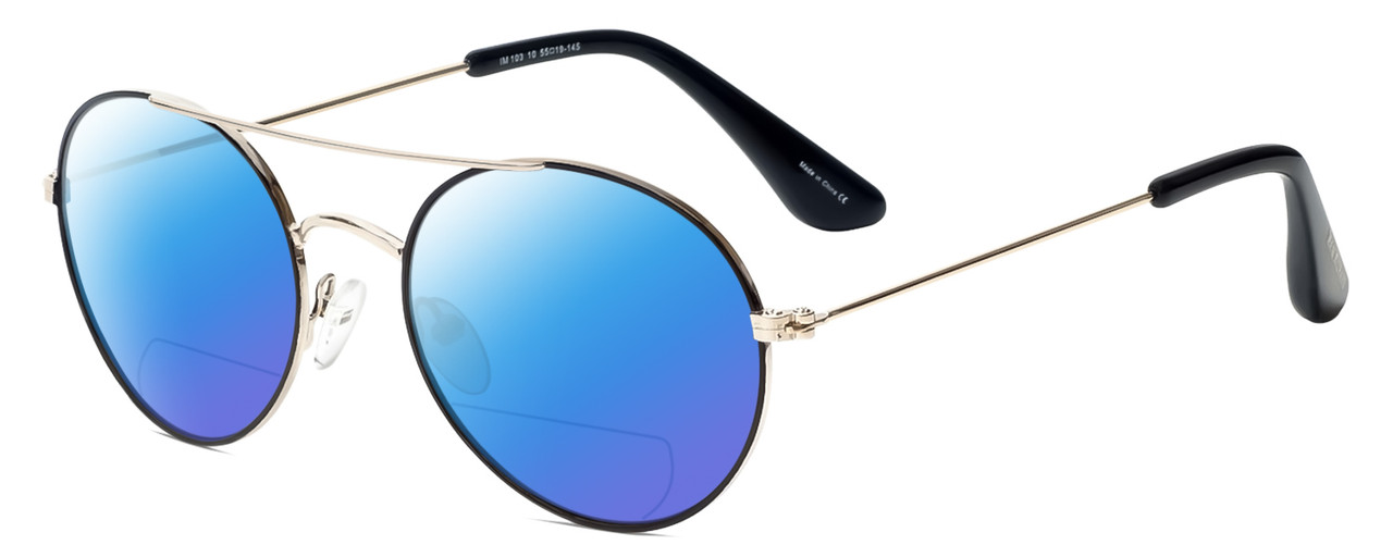 Profile View of Isaac Mizrahi IM103-10 Designer Polarized Reading Sunglasses with Custom Cut Powered Blue Mirror Lenses in Black Gold Unisex Pilot Full Rim Metal 55 mm