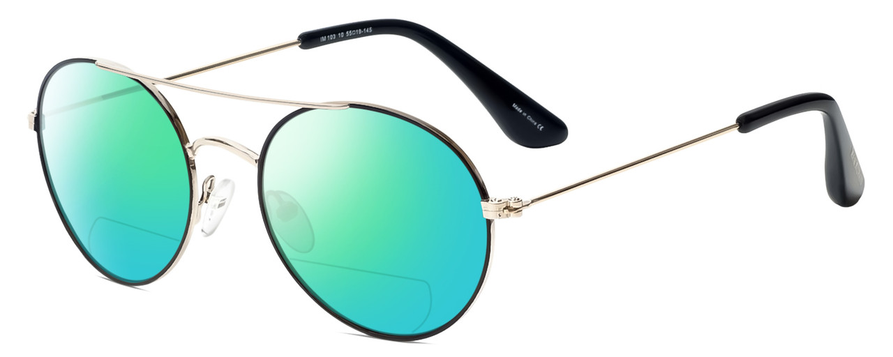 Profile View of Isaac Mizrahi IM103-10 Designer Polarized Reading Sunglasses with Custom Cut Powered Green Mirror Lenses in Black Gold Unisex Pilot Full Rim Metal 55 mm