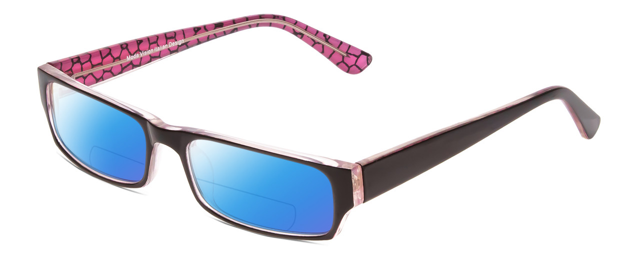 Profile View of Moda Vision 2013 Designer Polarized Reading Sunglasses with Custom Cut Powered Blue Mirror Lenses in Pink Crystal Layer Mosaic Black Unisex Rectangle Full Rim Acetate 55 mm